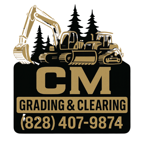 CM Grading & Clearing logo with excavators and pine trees